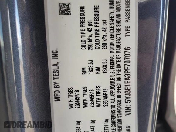 2023 Tesla Model 3 with VIN 5YJ3E1EA3PF707076, listed as a Copart auction lot 48993105 with 30,525 mi miles and Salvage Title. Bid and sale history available at DreamBid. Image 12.