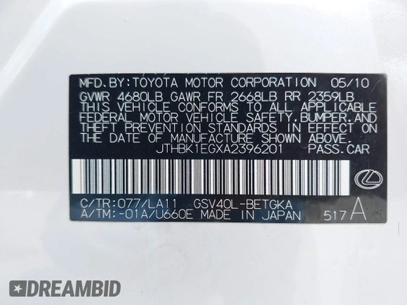 2010 Lexus ES 330 with VIN JTHBK1EGXA2396201, listed as a IAAI auction lot 41894913 with 97,124 mi miles and . Bid and sale history available at DreamBid. Image 9.