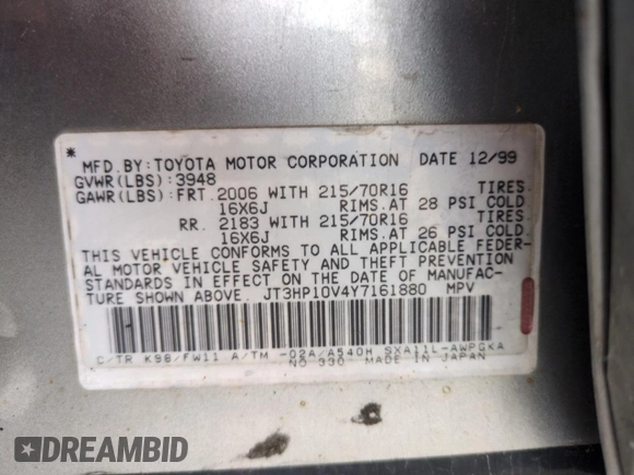 2000 Toyota RAV4 с VIN JT3HP10V4Y7161880, выставлен на аукционе Copart как лот 66219245 с пробегом 226 753 миль миль и Чистый • Clean title. История ставок и продаж доступна на DreamBid. Изображение 12.