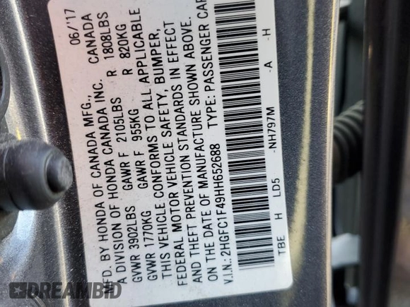 2017 Honda Civic Sedan EX-T with VIN 2HGFC1F49HH652688, listed as a Copart auction lot 87922535 with 108,071 mi miles and Salvage Title. Bid and sale history available at carsss.com. Image 13.