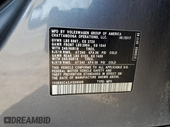 2018 Volkswagen Atlas SE z VIN 1V2KR2CA2JC508368, wystawiony jako Copart lot #45112465 z przebiegiem Nie podano mil oraz Szkoda całkowita • Salvage title. Historia ofert i sprzedaży dostępna na DreamBid. Obrazek 13.