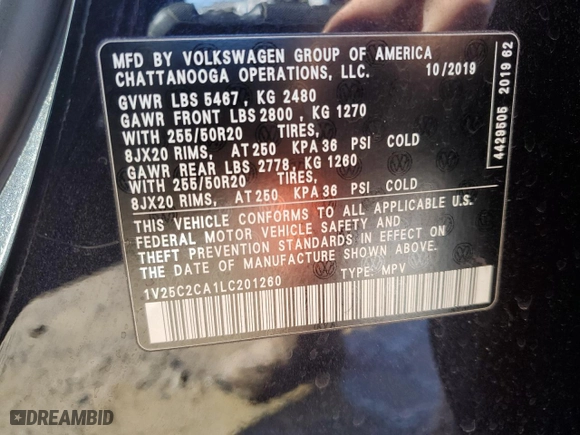 2020 Volkswagen Atlas Cross Sport 2.0T SE w/Technology with VIN 1V25C2CA1LC201260, listed as a Copart auction lot 45552325 with 50,419 mi miles and Salvage Title. Bid and sale history available at carsss.com. Image 13.