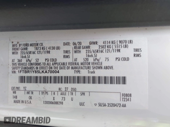 2020 Ford Transit Cargo with VIN 1FTBR1Y85LKA70004, listed as a IAAI auction lot 41910007 with 115,005 mi miles and . Bid and sale history available at DreamBid. Image 9.