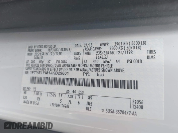 2018 Ford Transit with VIN 1FTYE1YM1JKB29601, listed as a IAAI auction lot 42085587 with 146,846 mi miles and . Bid and sale history available at DreamBid. Image 9.