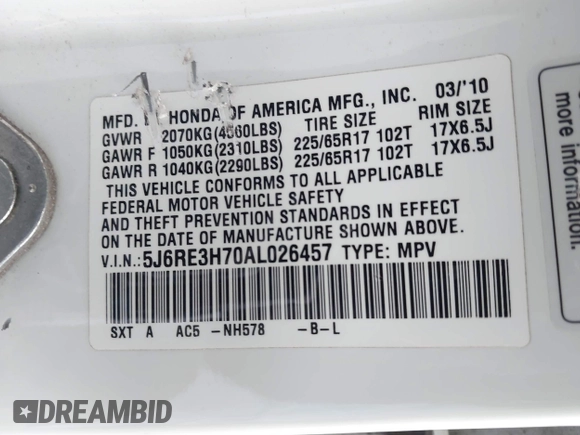 2010 Honda CR-V EX-L with VIN 5J6RE3H70AL026457, listed as a IAAI auction lot 42169626 with 187,984 mi miles and . Bid and sale history available at carsss.com. Image 9.