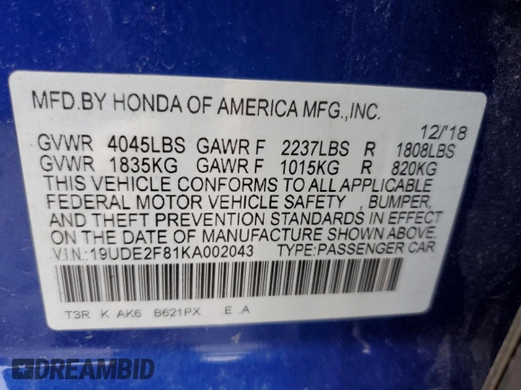 2019 Acura ILX w/Premium/A-Spec Pkg with VIN 19UDE2F81KA002043, listed as a Copart auction lot 72591162 with 83,842 mi miles. Bid and sale history available at carsss.com. Image 15.
