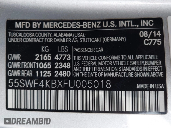 2015 Mercedes-Benz C 300 Luxury with VIN 55SWF4KBXFU005018, listed as a IAAI auction lot 41811118 with 86,443 mi miles and . Bid and sale history available at DreamBid. Image 9.