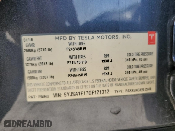 2016 Tesla Model S 70 with VIN 5YJSA1E17GF121312, listed as a Copart auction lot 44736965 with 116,661 mi miles and Salvage title. Bid and sale history available at DreamBid. Image 14.