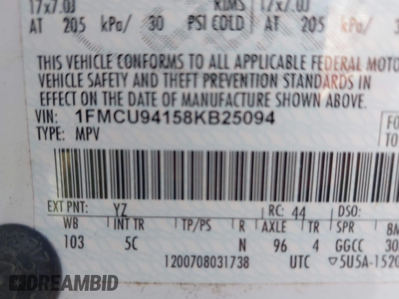 2008 Ford Escape Limited с VIN 1FMCU94158KB25094, выставлен на аукционе IAAI как лот 42573706 с пробегом 147 062 миль миль и . История ставок и продаж доступна на DreamBid. Изображение 9.