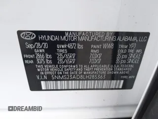 2020 Hyundai Santa Fe SE with VIN 5NMS23AD8LH285363, listed as a IAAI auction lot 42408647 with 60,058 mi miles and . Bid and sale history available at DreamBid. Image 9.