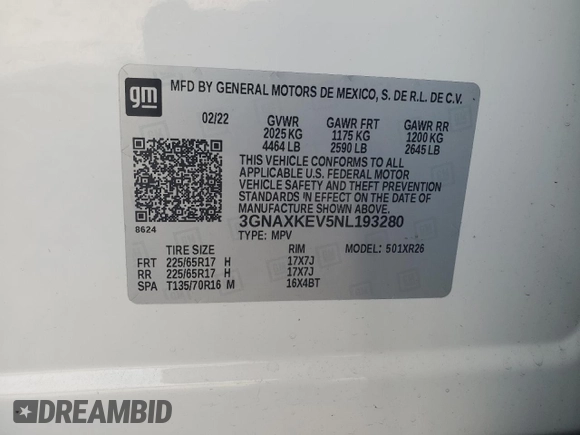 2022 Chevrolet Equinox LT with VIN 3GNAXKEV5NL193280, listed as a Copart auction lot 50025665 with 56,555 mi miles and Salvage Title. Bid and sale history available at DreamBid. Image 12.