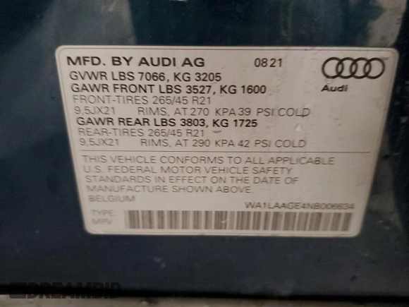 2022 Audi e-tron Premium Plus с VIN WA1LAAGE4NB006634, выставлен на аукционе Copart как лот 84389824 с пробегом 48 516 миль миль и Списание • Salvage title. История ставок и продаж доступна на DreamBid. Изображение 14.