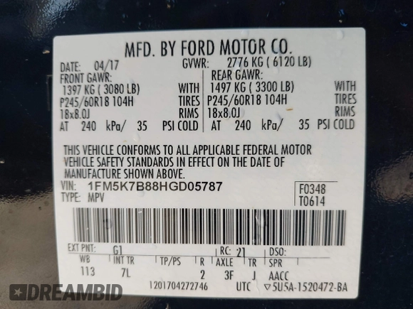 2017 Ford Explorer z VIN 1FM5K7B88HGD05787, wystawiony jako IAAI lot #40861587 z przebiegiem 103 715 mil mil oraz . Historia ofert i sprzedaży dostępna na DreamBid. Obrazek 9.