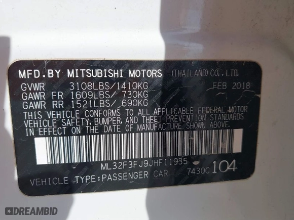 2018 Mitsubishi Mirage G4 ES with VIN ML32F3FJ9JHF11935, listed as a IAAI auction lot 41790756 with 137,842 mi miles. Bid and sale history available at carsss.com. Image 9.