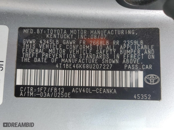 2008 Toyota Camry LE with VIN 4T1BE46K68U207227, listed as a Copart auction lot 52964255 with 174,429 mi miles and Salvage Title. Bid and sale history available at carsss.com. Image 12.