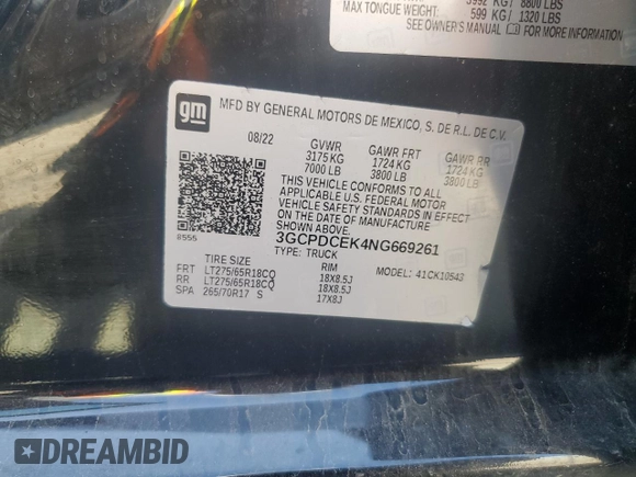 2022 Chevrolet Silverado 1500 Custom Trail Boss with VIN 3GCPDCEK4NG669261, listed as a Copart auction lot 53146265 with 34,612 mi miles and Salvage Title. Bid and sale history available at carsss.com. Image 12.