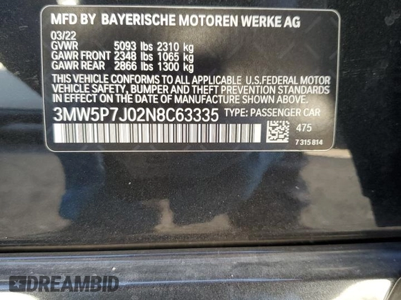 2022 BMW 3 Series 330e with VIN 3MW5P7J02N8C63335, listed as a Copart auction lot 43612135 with 8,535 mi miles and Salvage Title. Bid and sale history available at carsss.com. Image 12.