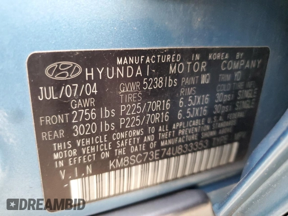 2004 Hyundai Santa Fe GLS with VIN KM8SC73E74U833353, listed as a Copart auction lot 76123274 with 115,309 mi miles and Salvage Title. Bid and sale history available at carsss.com. Image 14.