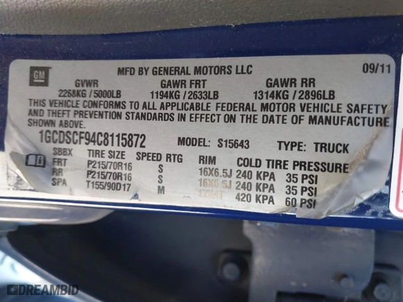 2012 Chevrolet Colorado LT w/1LT with VIN 1GCDSCF94C8115872, listed as a IAAI auction lot 41835409 with 208,541 mi miles. Bid and sale history available at carsss.com. Image 9.