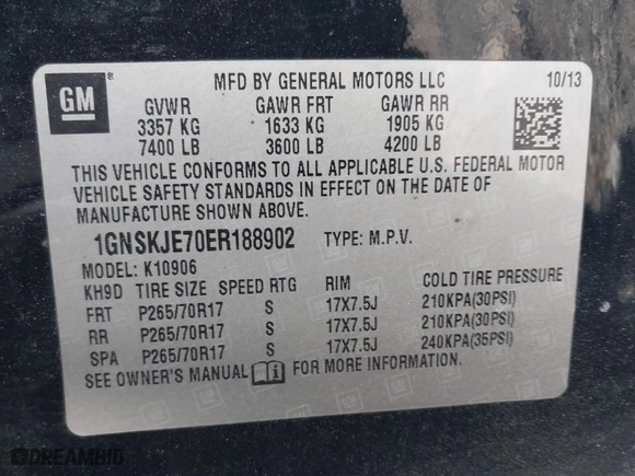 2014 Chevrolet Suburban LT with VIN 1GNSKJE70ER188902, listed as a IAAI auction lot 41208462 with 123,278 mi miles. Bid and sale history available at carsss.com. Image 9.
