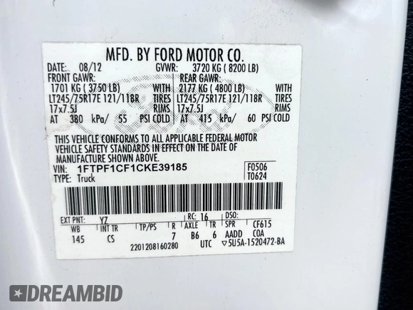 2012 Ford F-150 XL with VIN 1FTPF1CF1CKE39185, listed as a Copart auction lot 59417685 with 225,024 mi miles and Clean title. Bid and sale history available at DreamBid. Image 10.