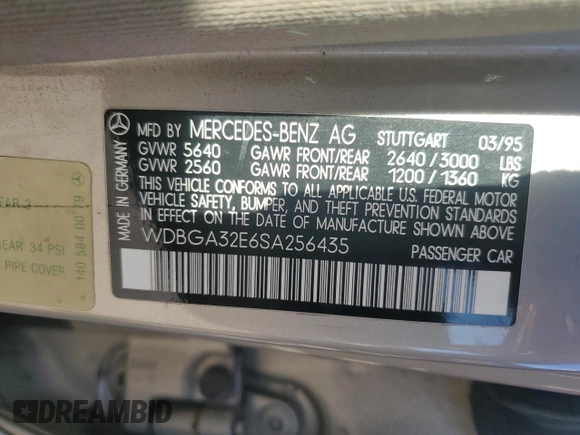 1995 Mercedes-Benz S 320 with VIN WDBGA32E6SA256435, listed as a Copart auction lot 77104234 with 309,498 mi miles and Clean Title. Bid and sale history available at DreamBid. Image 12.