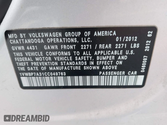 2012 Volkswagen Passat SE с VIN 1VWBP7A31CC049763, выставлен на аукционе IAAI как лот 41135187 с пробегом 188 966 миль миль и . История ставок и продаж доступна на DreamBid. Изображение 9.
