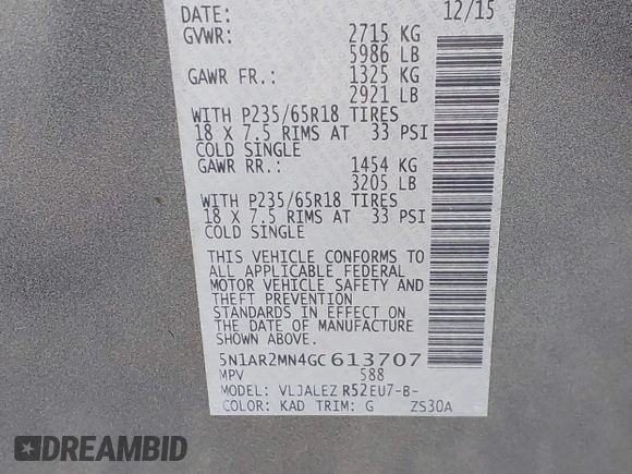 2016 Nissan Pathfinder S with VIN 5N1AR2MN4GC613707, listed as a IAAI auction lot 42462865 with 130,113 mi miles and . Bid and sale history available at DreamBid. Image 9.