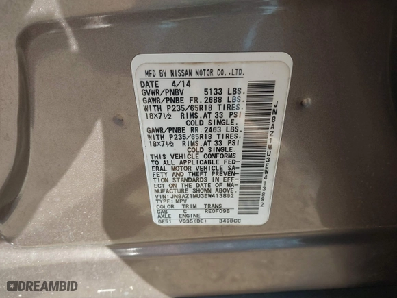 2014 Nissan Murano SL with VIN JN8AZ1MU3EW413892, listed as a IAAI auction lot 41418313 with 156,898 mi miles. Bid and sale history available at carsss.com. Image 9.