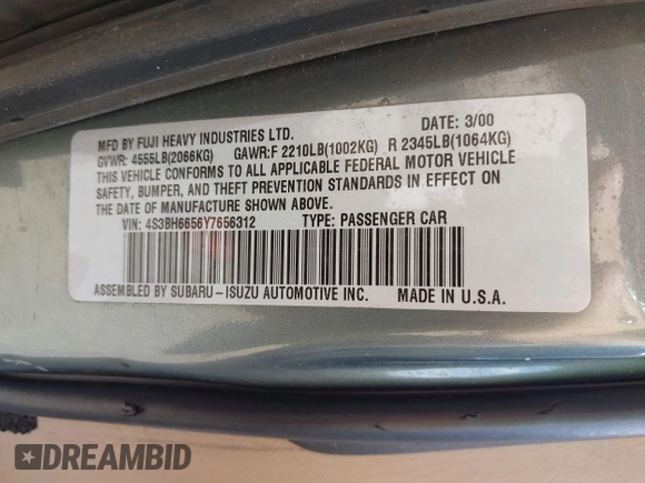 2000 Subaru Legacy Outback z VIN 4S3BH6656Y7656312, wystawiony jako IAAI lot #42164724 z przebiegiem 267 576 mil mil oraz . Historia ofert i sprzedaży dostępna na DreamBid. Obrazek 9.