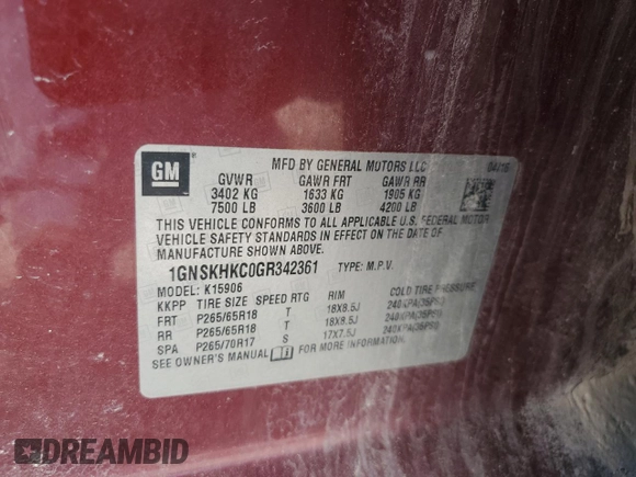 2016 Chevrolet Suburban LT with VIN 1GNSKHKC0GR342361, listed as a Copart auction lot 56757655 with 261,015 mi miles and Clean Title. Bid and sale history available at DreamBid. Image 12.