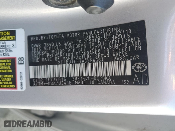 2010 Toyota Corolla with VIN 2T1BU4EE4AC356564, listed as a Copart auction lot 57343175 with 162,151 mi miles and Salvage title. Bid and sale history available at DreamBid. Image 12.