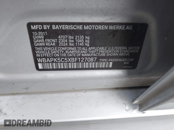 2011 BMW 3 Series 328i xDrive with VIN WBAPK5C5XBF127087, listed as a IAAI auction lot 40738105 with 141,222 mi miles and . Bid and sale history available at DreamBid. Image 9.