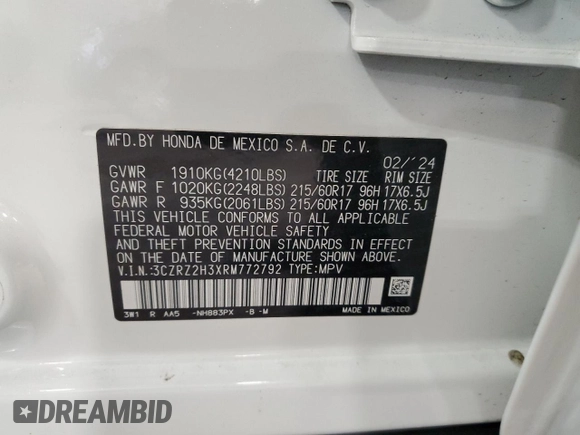 2024 Honda HR-V LX with VIN 3CZRZ2H3XRM772792, listed as a Copart auction lot 43959635 with 4,163 mi miles and Salvage title. Bid and sale history available at DreamBid. Image 12.