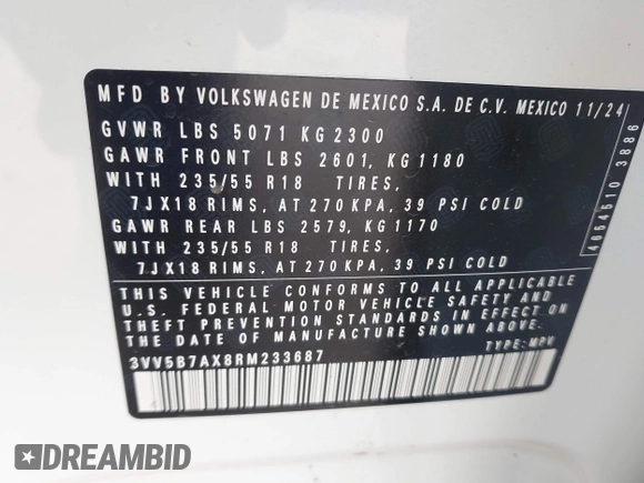 2024 Volkswagen Tiguan Wolfsburg Edition z VIN 3VV5B7AX8RM233687, wystawiony jako IAAI lot #41504709 z przebiegiem 2 387 mil mil oraz . Historia ofert i sprzedaży dostępna na DreamBid. Obrazek 9.