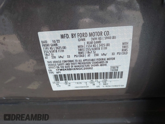 2022 Ford Explorer с VIN 1FMSK8BHXNGC20082, выставлен на аукционе IAAI как лот 42386663 с пробегом 10 807 миль миль и . История ставок и продаж доступна на DreamBid. Изображение 9.