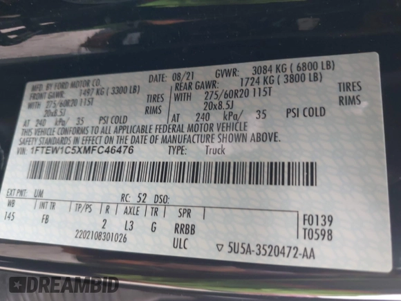 2021 Ford F-150 XL with VIN 1FTEW1C5XMFC46476, listed as a IAAI auction lot 42274855 with 89,148 mi miles and . Bid and sale history available at DreamBid. Image 9.