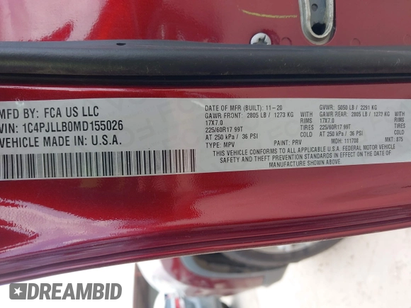 2021 Jeep Cherokee Altitude z VIN 1C4PJLLB0MD155026, wystawiony jako IAAI lot #42204298 z przebiegiem 63 491 mil mil oraz . Historia ofert i sprzedaży dostępna na DreamBid. Obrazek 9.
