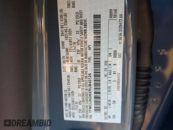 2024 Ford Escape Active with VIN 1FMCU9GNXRUB43126, listed as a Copart auction lot 42255715 with 4,614 mi miles and Salvage Title. Bid and sale history available at DreamBid. Image 12.