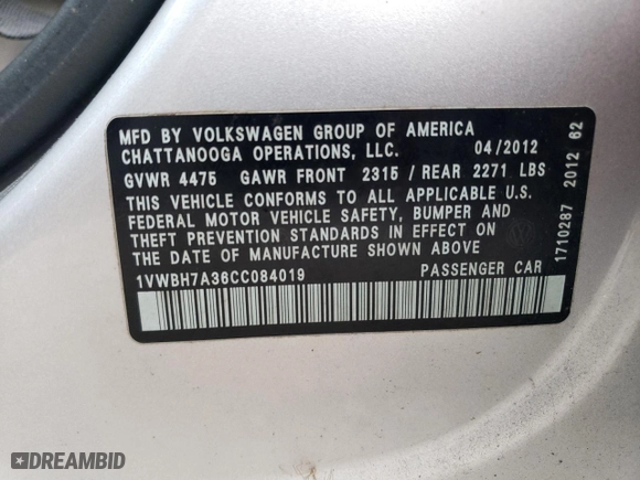 2012 Volkswagen Passat SE with VIN 1VWBH7A36CC084019, listed as a Copart auction lot 61817433 with 0 mi miles and Salvage Title. Bid and sale history available at carsss.com. Image 12.
