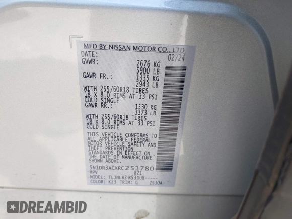 2024 Nissan Pathfinder S z VIN 5N1DR3ACXRC251780, wystawiony jako IAAI lot #42245940 z przebiegiem 7 871 mil mil oraz . Historia ofert i sprzedaży dostępna na DreamBid. Obrazek 9.