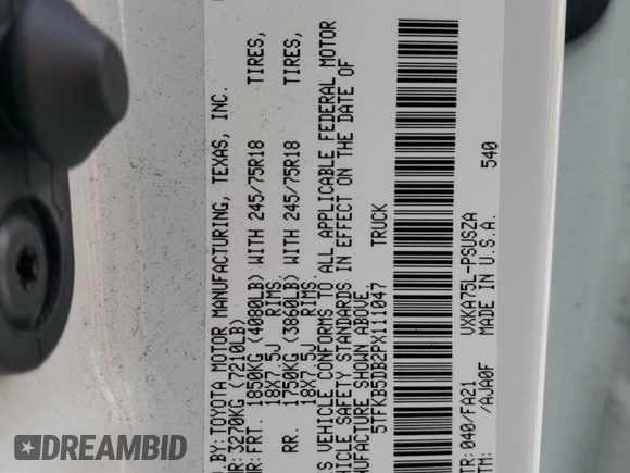 2023 Toyota Tundra SR with VIN 5TFKB5DB2PX111047, listed as a Copart auction lot 58541065 with 42,408 mi miles and Salvage title. Bid and sale history available at DreamBid. Image 12.