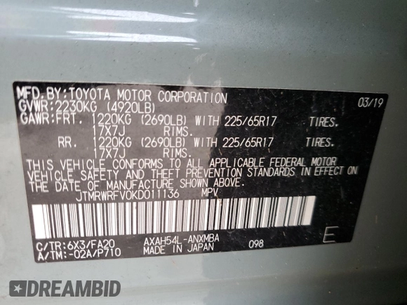 2019 Toyota RAV4 Hybrid XLE with VIN JTMRWRFV0KD011136, listed as a Copart auction lot 44007925 with 70,364 mi miles and Salvage Title. Bid and sale history available at carsss.com. Image 14.