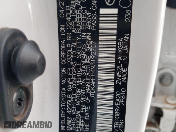 2021 Toyota Prius LE with VIN JTDKAMFP4M3192707, listed as a Copart auction lot 55993185 with 44,909 mi miles and Salvage Title. Bid and sale history available at DreamBid. Image 12.