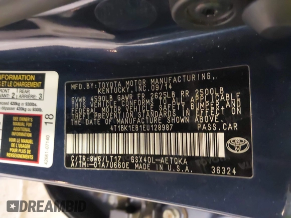 2014 Toyota Avalon Limited with VIN 4T1BK1EB1EU128987, listed as a IAAI auction lot 42034677 with 104,153 mi miles and . Bid and sale history available at DreamBid. Image 9.
