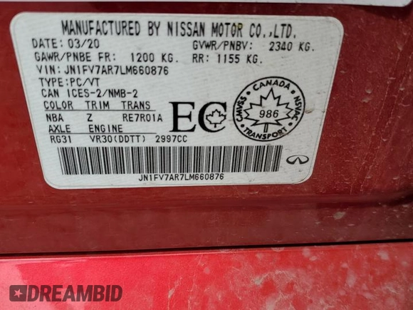 2020 Infiniti Q50 Red Sport 400 with VIN JN1FV7AR7LM660876, listed as a Copart auction lot 60872975 with 62,668 mi miles and Salvage title. Bid and sale history available at DreamBid. Image 12.
