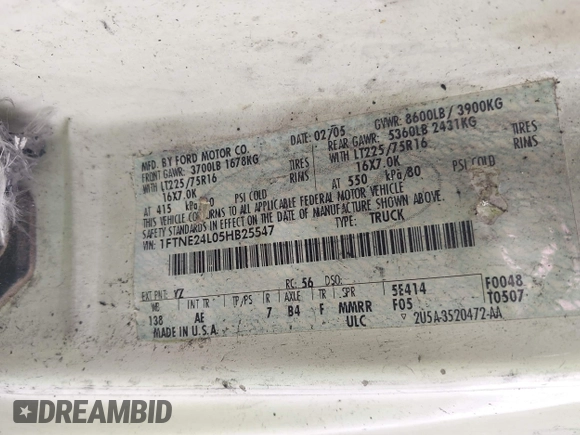 2005 Ford Econoline Cargo with VIN 1FTNE24L05HB25547, listed as a IAAI auction lot 42434522 with Not provided miles and . Bid and sale history available at DreamBid. Image 9.