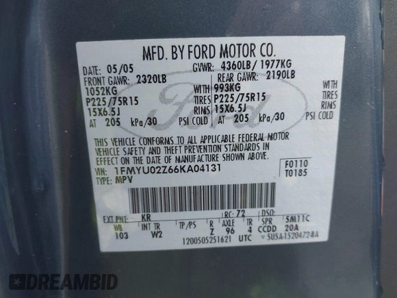 2006 Ford Escape XLS with VIN 1FMYU02Z66KA04131, listed as a IAAI auction lot 41496323 with 191,490 mi miles and . Bid and sale history available at DreamBid. Image 9.
