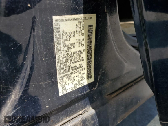 2006 Nissan Titan LE with VIN 1N6BA07A26N507463, listed as a Copart auction lot 52823165 with 251,490 mi miles and Clean Title. Bid and sale history available at DreamBid. Image 12.