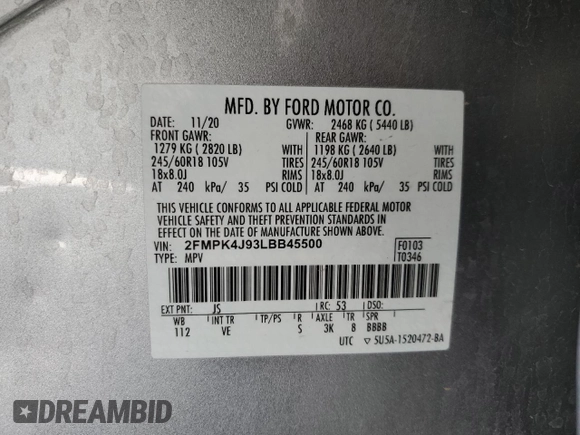 2020 Ford Edge SEL with VIN 2FMPK4J93LBB45500, listed as a Copart auction lot 52279925 with 53,134 mi miles and Salvage Title. Bid and sale history available at carsss.com. Image 13.